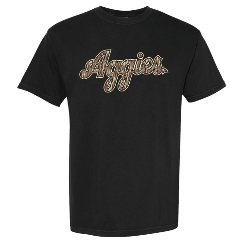 Texas A&M Aggies black t shirt with script Aggies lettering in camo inspired pattern across the front