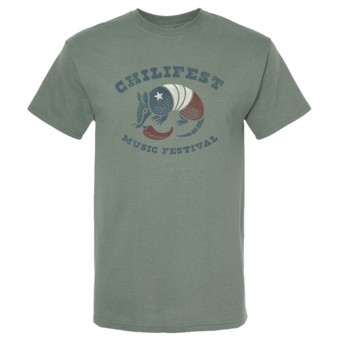 Chilifest Music Festival green t shirt with armadillo graphic and chili pepper design on the front