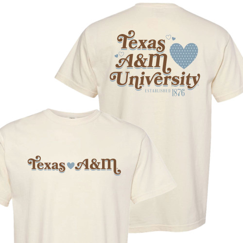 Cream Texas A&M University t shirt with heart graphic and established 1876 design on the back