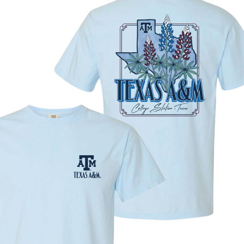Light blue Texas A&M University t shirt with bluebonnet Texas outline graphic and College Station Texas text on back