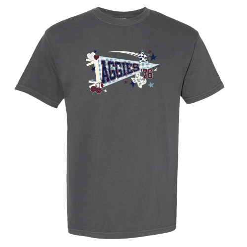 Dark gray Texas A&M Aggies t shirt featuring Aggies 76 graphic with stars hearts and a patriotic gingham style banner design