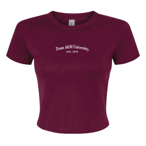 Maroon cropped Texas A&M University t shirt featuring small white Texas A&M University Est 1876 text centered on the front