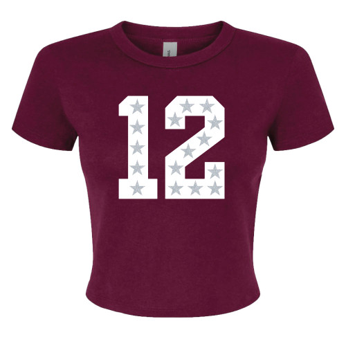 Maroon cropped Texas A&M Aggies t shirt featuring large white 12 graphic with star details centered on the front