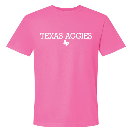 Pink Texas Aggies t shirt with white Texas Aggies text and small Texas state graphic centered on the front
