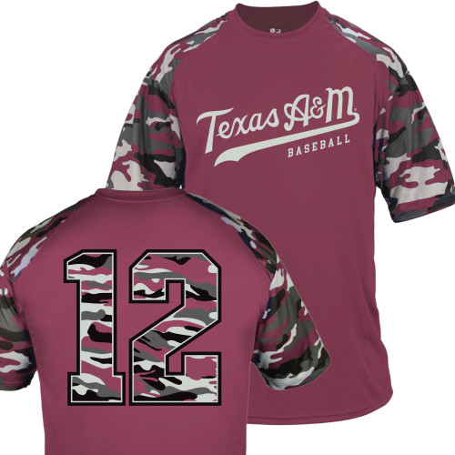 Youth maroon Texas A&M Baseball shirt with camo sleeves and large camo number 12 on back.