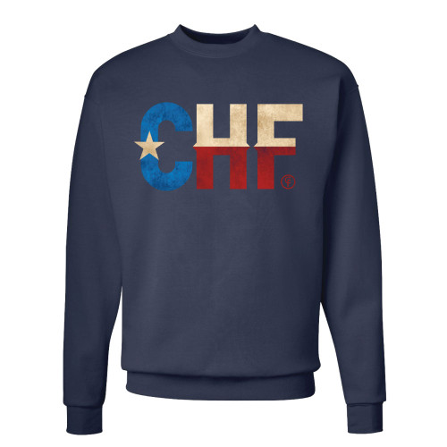 Navy chilifest crewneck sweatshirt with large distressed CHF Texas flag graphic across the chest