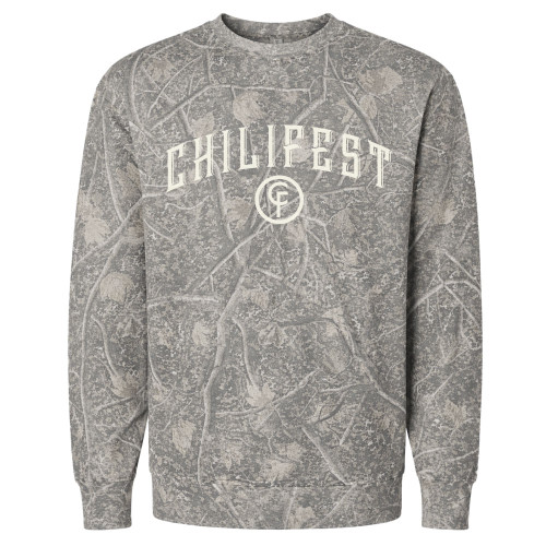 Gray camouflage Chilifest crewneck sweatshirt with arched white Chilifest lettering and CF logo on front.