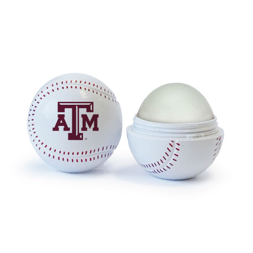 Texas A&M baseball shaped lip balm with red stitching and maroon ATM logo, shown closed and opened.