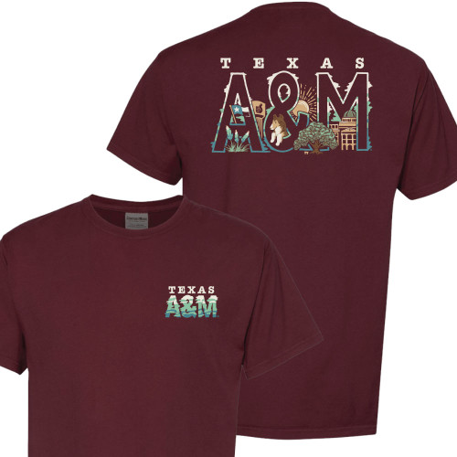 Maroon Texas A&M t shirt with illustrated Texas A&M lettering and Aggieland themed artwork on the back and small matching logo on the front