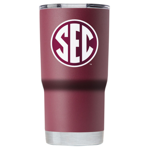 Matte maroon stainless steel tumbler featuring a large white Texas A&M ATM logo on one side and a white SEC circle logo on the other, with a clear lid and silver base accent.