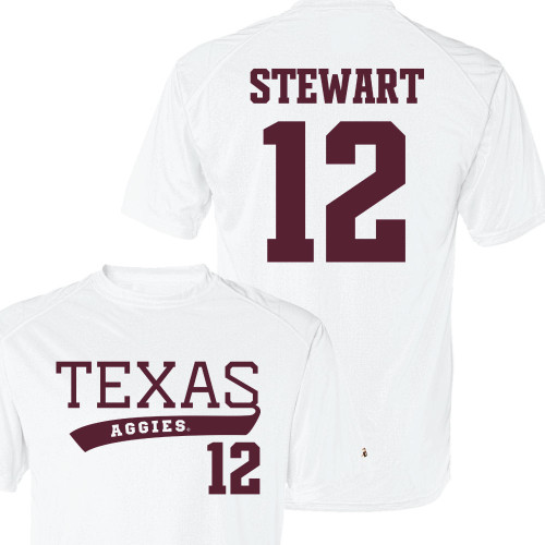 Youth white Texas A&M Aggies Josh Stewart 12th Man baseball replica jersey tee with STEWART and number 12 on back.