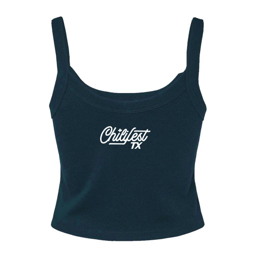 Dark navy cropped tank top with white Chilifest TX script graphic on front