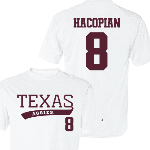 Texas A&M Chris Hacopian youth baseball jersey tee featuring Texas Aggies on front and Hacopian number 8 on back in maroon lettering.