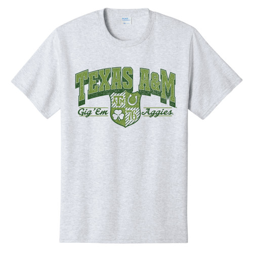 Texas A&M Aggies St Patrick’s Day gray t shirt with green Texas A&M crest graphic and Gig Em Aggies design
