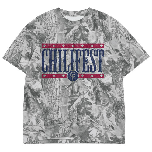 Grey camouflage Chilifest t shirt with red white and blue Chilifest graphic and star accents