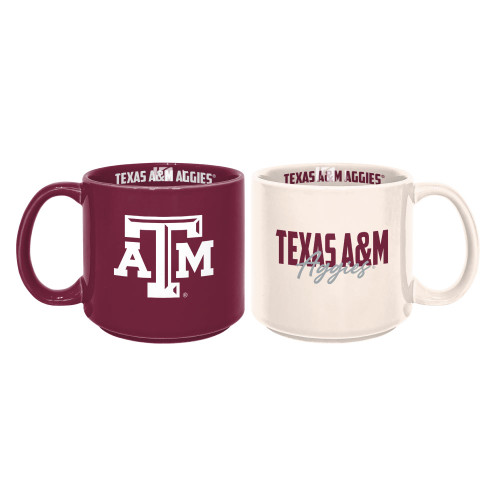 Texas A&M Aggies two pack stackable mug set with maroon ATM logo mug and cream Texas A&M Aggies script mug