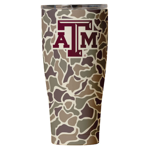 Texas A&M Aggies 30 ounce camo pattern tumbler with ATM logo and clear lid