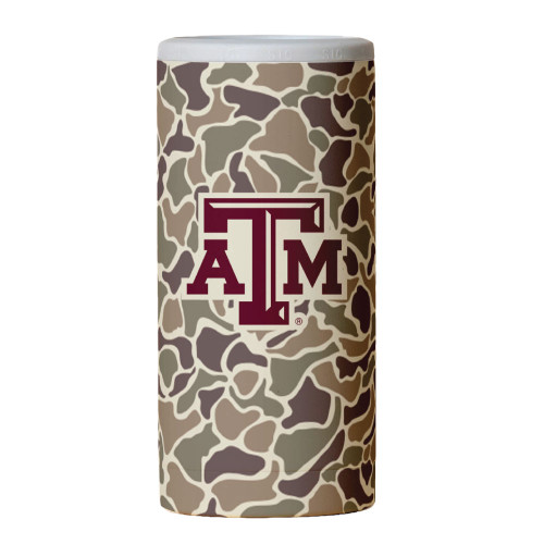 Texas A&M Aggies camo slim can koozie with maroon ATM logo on camouflage background