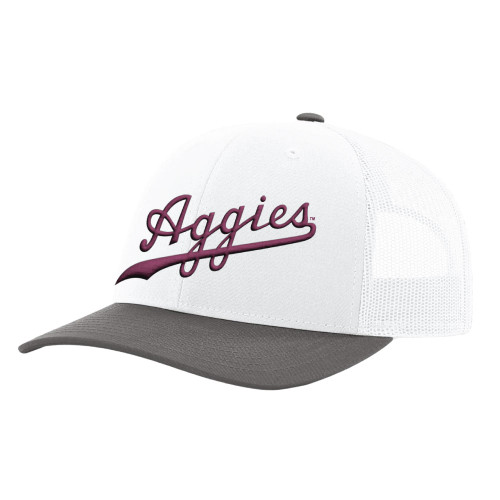 White and gray Texas A&M Aggies trucker hat with maroon script Aggies logo and mesh back