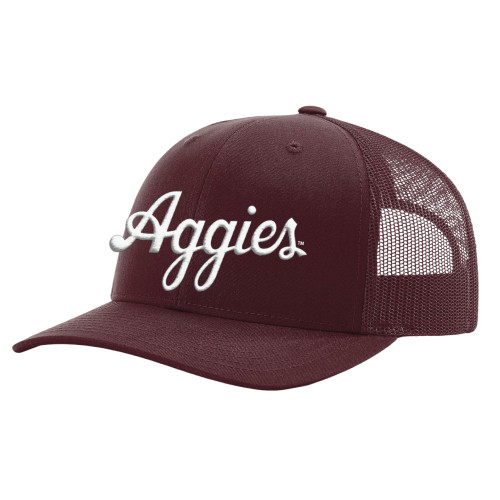 Maroon Texas A&M Aggies trucker hat with white script Aggies logo and mesh back