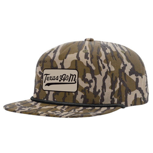 Texas A&M Aggies camouflage flat bill hat with Texas A&M script patch and black rope detail