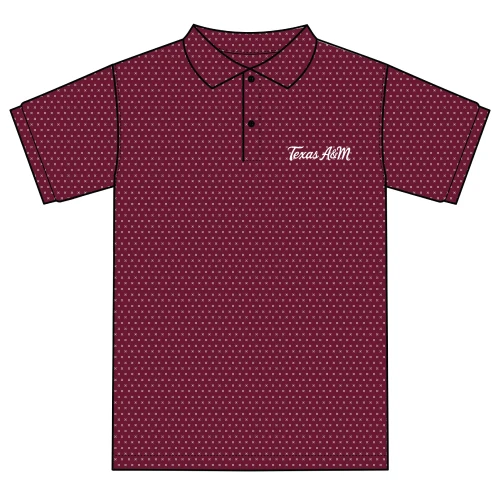 Texas A&M Aggies maroon patterned polo with Texas A&M script on chest