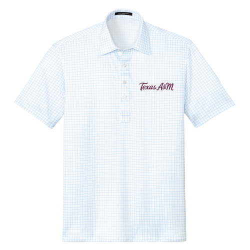 Texas A&M Aggies light blue grid patterned polo with Texas A&M script logo