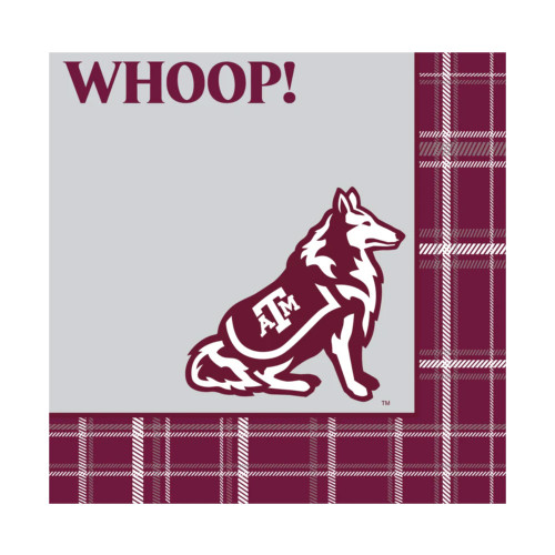 Texas A&M Aggies napkin set with Reveille mascot graphic, Whoop text, and maroon plaid border