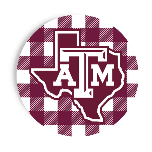 Texas A&M Aggies 9 inch plate with ATM logo inside Texas outline on maroon gingham background