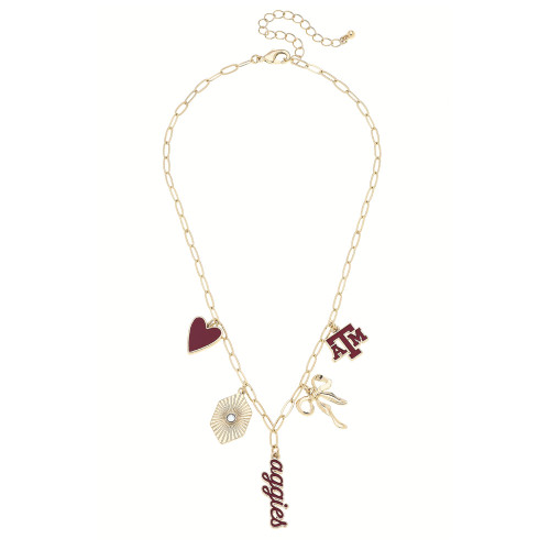 Texas A&M Aggies gold charm necklace with maroon heart, ATM logo, and Aggies script charm