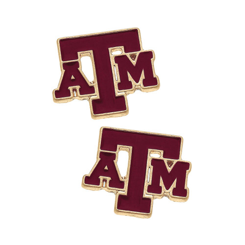 Texas A&M Aggies maroon enamel ATM logo earrings with gold outline