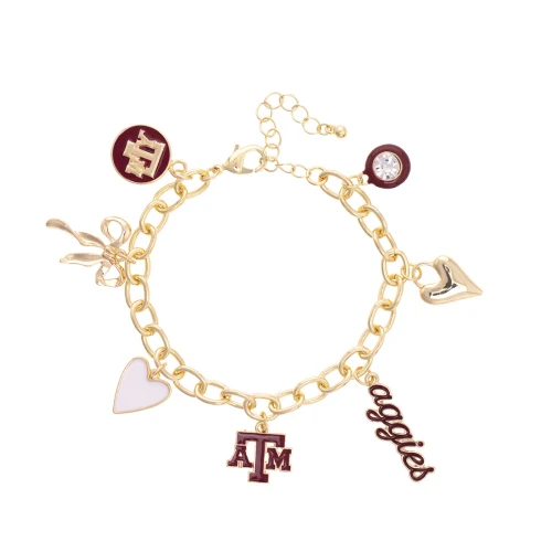 Texas A&M Aggies gold charm bracelet with ATM logo, Aggies script, and heart charms