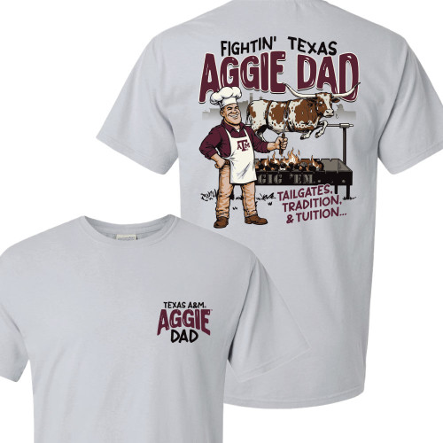 Texas A&M Aggies Aggie Dad gray t shirt with grill master longhorn tailgate graphic on back and small front chest logo