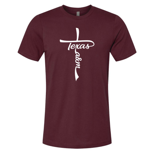 Texas A&M Aggies maroon shirt with cross design and Texas A&M script graphic