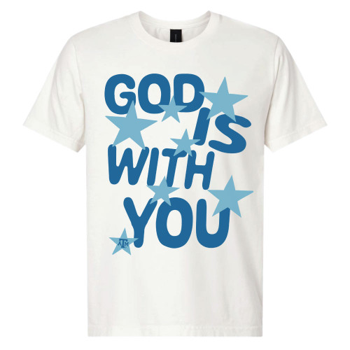 Texas A&M Aggies white t shirt with God Is With You blue text, stars, and small ATM logo