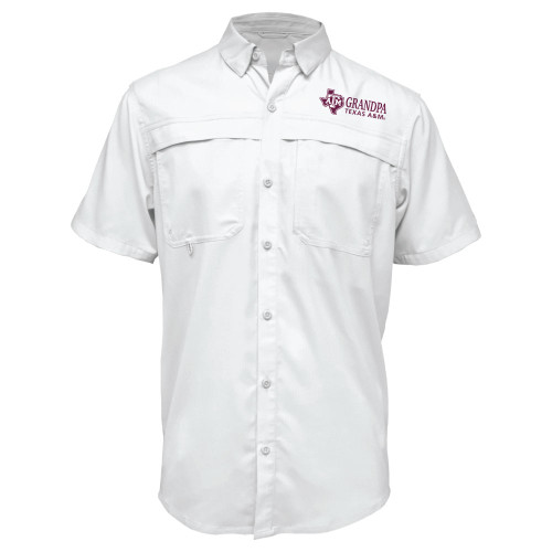 Texas A&M Aggies white button up fishing shirt with Grandpa Texas A&M embroidery and ATM logo on chest