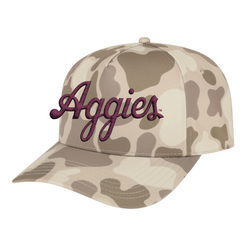 Texas A&M Aggies camouflage baseball cap with raised maroon Aggies script on front