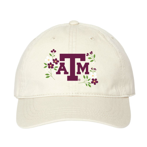 Texas A&M Aggies cream hat with ATM logo and floral accents on front