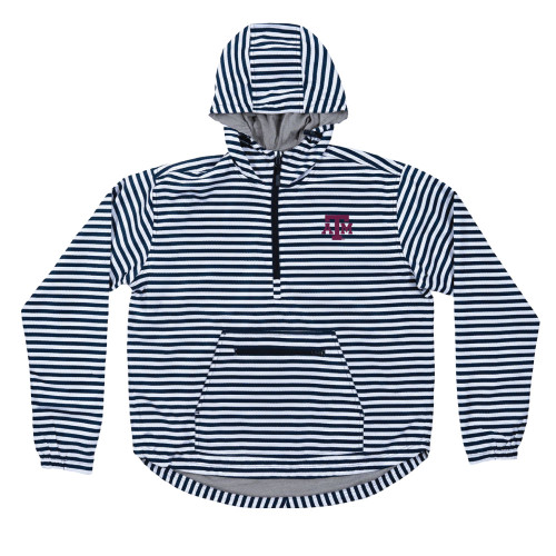 Texas A&M Aggies navy and white striped windbreaker with hood, half zip, and ATM logo