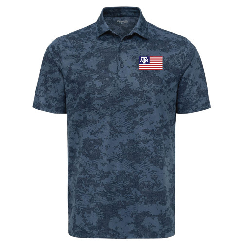 Texas A&M Aggies blue digital camo polo with ATM American flag logo on chest