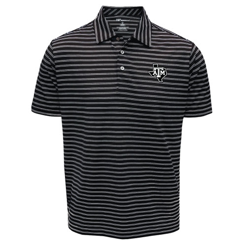 Texas A&M Aggies black striped polo with Texas outline ATM logo on chest