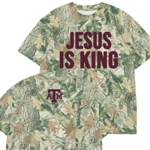 Texas A&M Aggies camo shirt with Jesus Is King text on front and ATM logo on back