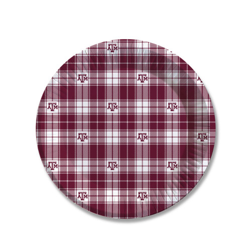 Texas A&M Aggies 9 inch paper plates 25 pack with maroon plaid design and ATM logos