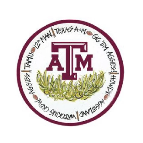 Texas A&M Aggies 4 pack plates with ATM logo center and hand drawn style Aggies phrases around edge