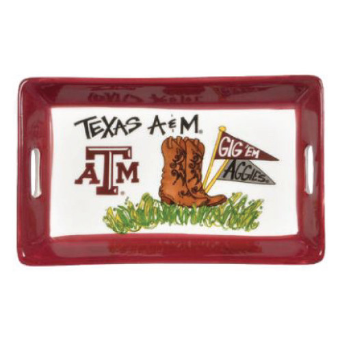 Texas A&M Aggies mini tray with ATM logo cowboy boots and Gig Em Aggies pennant design with maroon border