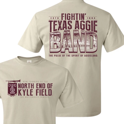 Texas A&M Aggies Aggie Band t shirt with Fightin Texas Aggie Band graphic on back and North End of Kyle Field design with band emblem on front