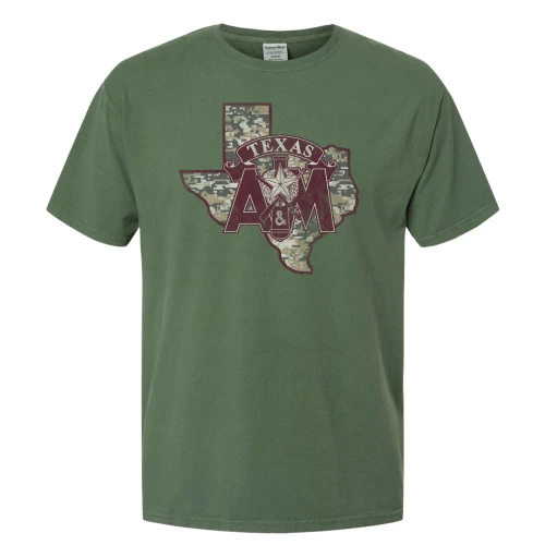 Texas A&M Aggies green t shirt with Corps of Cadets design featuring Texas outline in digital camo pattern and maroon Texas A&M logo graphic