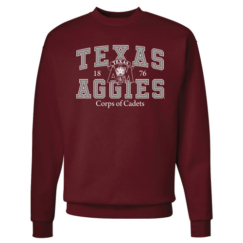Texas A&M Aggies maroon crewneck sweatshirt with Texas Aggies 1876 Corps of Cadets graphic and Texas A&M logo on front