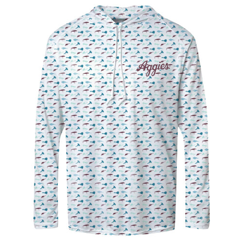 Texas A&M Aggies long sleeve fishing shirt with hood and all over lure pattern and Aggies script logo on chest