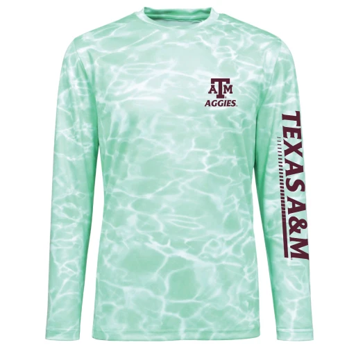 Texas A&M mint green long sleeve performance shirt with water pattern design, ATM Aggies logo on chest, and Texas A&M text printed down sleeve